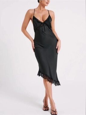 NWT Meshki Crawford black satin lace midi dress